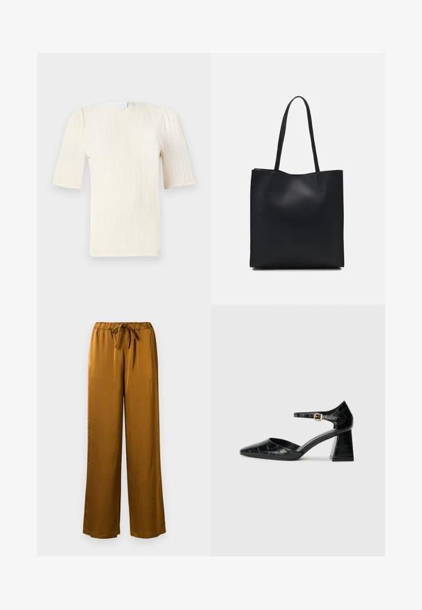 Short-sleeve, cream-colored blouse with a textured wave pattern. Round neckline and subtle gather details at sleeves. Lightweight fabric.; Brown satin wide-leg pants with an elastic waistband and drawstring. Smooth texture and full-length design with a relaxed fit.; Black patent leather high-heeled shoe with pointed toe, ankle strap, and textured crocodile pattern. Square block heel design.; Black leather tote bag with smooth texture, rectangular shape, and two long handles. No visible hardware or embellishments.
