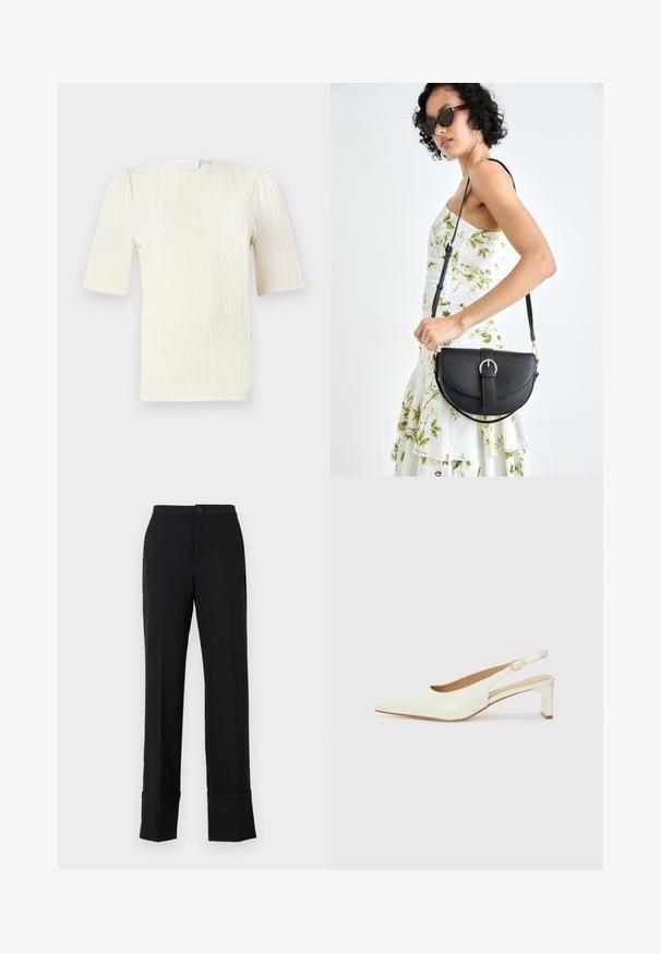 Short-sleeve, cream-colored blouse with a textured wave pattern. Round neckline and subtle gather details at sleeves. Lightweight fabric.; Black straight-leg trousers with a button closure and folded hem, made of smooth fabric with a matte finish. Tailored design.; White patent leather slingback shoe with a pointed toe and a low block heel. Features a subtle strap with a gold-tone buckle detail.; Black leather handbag with a curved shape, detachable strap, and gold hardware. The bag features a flap with a buckle detail.