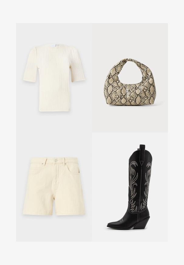 Bluzica kratkih rukava boje krem s teksturiranim valovitim uzorkom. Okrugli izrez i suptilni nabori na rukavima. Lagani materijal.; Krem šorts s ravnim krojem, koji ima prednje dugme, dva prednja džepa i meku, teksturiranu tkaninu.; Crne kožne kauboj čizme s šiljastim prstima, klinastim potpeticama i srebrnim izvezenim cvjetnim uzorcima duž osovine. Kontrastni šavovi posvuda.; Torba s uzorkom zmije s zakrivljenom drškom. Izrađena od teksturiranih materijala u bež i smešnim tonovima, sa karakterističnim dijamantnim uzorkom.