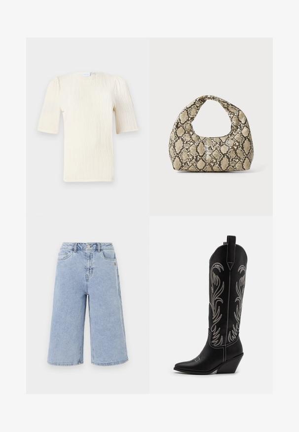 Krátký rukáv, krémová blůza s texturovaným vlnkovým vzorem. Kolo výstřih a jemné nařasení na rukávech. Lehce materiál.; Object OBJISR BERMUDA - Džínové kraťasy - medium blue denim; Černé kožené kovbojské boty s špičatými špičkami, podpatky ve tvaru klínu a stříbrně vyšívanými květinovými vzory po celé délce. Kontrastní prošívání po celém obvodu.; Kabelka s hadím vzorem a zakřiveným držadlem. Vyrobena z texturovaných béžových a hnědých materiálů, s charakteristickým diamantovým vzorem.
