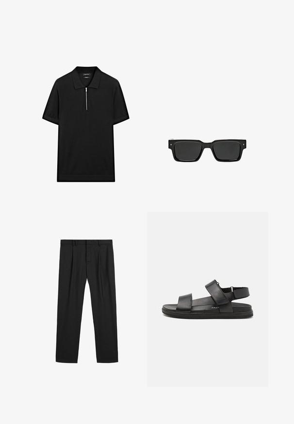 Zwarte polo met korte mouwen, een staande kraag en een rits aan de voorkant. Gemaakt van een gladde stof met een schoon, minimalistisch ontwerp.; Zwarte geplooide broeken gemaakt van een gladde stof, met een traditionele tailleband en een recht gesneden ontwerp. Geen zichtbare patronen of hardware.; Zwarte leren sandalen hebben twee brede banden over de voet, een verstelbare hielband en een gestructureerde rubberen zool voor grip.; Zwarte rechthoekige zonnebril met donkere glazen, glanzend plastic montuur en kleine handtekeningaccenten op de pootjes. Platte profiel en scherpe hoeken.