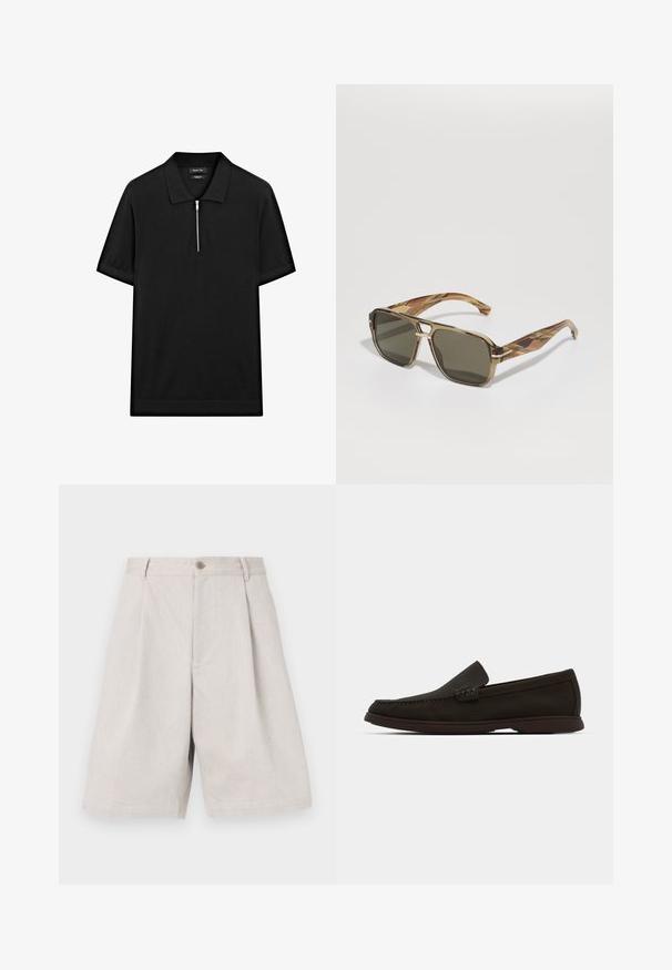 Schwarzes kurzärmliges Poloshirt mit Stehkragen und einem Reißverschluss vorne. Hergestellt aus einem glatten Stoff mit einem klaren, minimalistischen Design.; Hellgraue Leinen-Shorts mit weit geschnittenem Design, ausgestattet mit einem Knopfverschluss vorne und dezenten Falten für zusätzliche Textur.; Dunkelbraune Wildleder-Slipper mit genähtem Zehenbereich, profilierter Gummisohle und strukturierten Akzenten an der Oberseite.; BOSS Sonnenbrille - brown