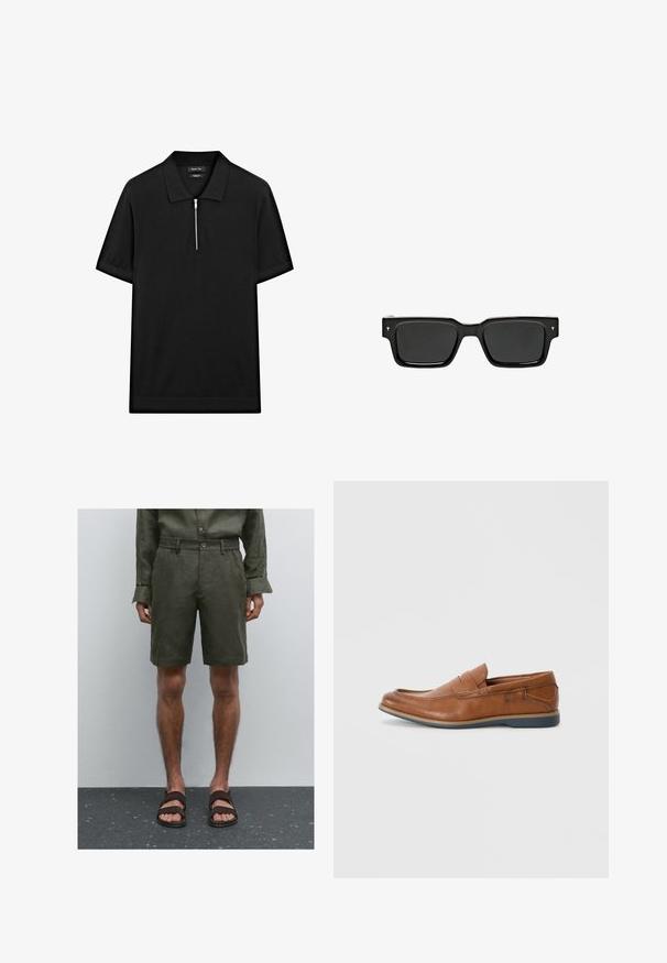 Polo shirt nero a maniche corte con colletto rialzato e zip frontale. Realizzato in un tessuto liscio con un design pulito e minimalista.; Pantaloni corti in lino verde oliva con vita elastica e chiusura con bottone. Indossati con sandali marrone scuro. Lo sfondo è semplice e neutro.; Mocassini in pelle marrone con punta tondeggiante, dettagli cuciti e suola in gomma bassa. Il design presenta una banda sulla parte superiore.; Occhiali da sole rettangolari neri con lenti scure, montatura in plastica lucida e piccoli dettagli firmati sulle tempie. Profilo piatto e angoli netti.