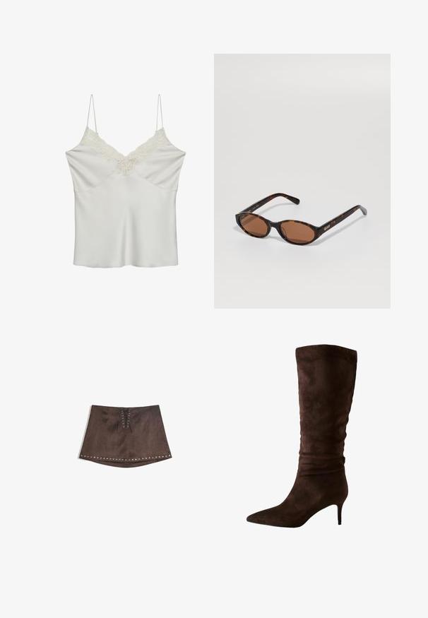 Camisola in satin bianco con dettagli in pizzo lungo il collo a V, dotata di spalline sottili e regolabili e una texture liscia.; Mini gonna in finta suede marrone con dettagli in pizzo frontale e borchie argentate lungo l'orlo. Texture liscia, forma ad A e lunghezza corta.; Stivale marrone in suede al ginocchio con punta affusolata e tacco sottile. Il design presenta una texture arricciata nella parte superiore per un tocco in più.; Occhiali da sole ovali tartarugati con lenti marroni, inclinati per mostrare il logo "QUAY" sulla tempia destra su uno sfondo semplice.; Borsa tote in pelle marrone effetto coccodrillo con due manici robusti, forma rettangolare e finitura lucida e liscia; presenta un dettaglio centrale a cucitura.