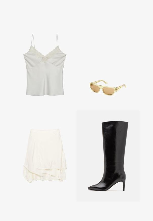 Camisole en satin blanc avec des détails en dentelle le long du décolleté en V, dotée de fines bretelles réglables et d'une texture lisse.; Jupe enveloppante blanche avec un design en couches, présentant des détails en dentelle texturée le long de l'ourlet, un tissu doux et une silhouette fluide.; Call it Spring RHODDE - Bottes à talons hauts - black; Lunettes de soleil avec une monture en plastique jaune clair et des verres teintés bruns. Caractérisées par une forme rectangulaire et des branches élégantes.; Sac hobo en cuir noir au design décontracté, avec une large bandoulière et une texture lisse. Dispose d'une fermeture éclair unique sur le côté.