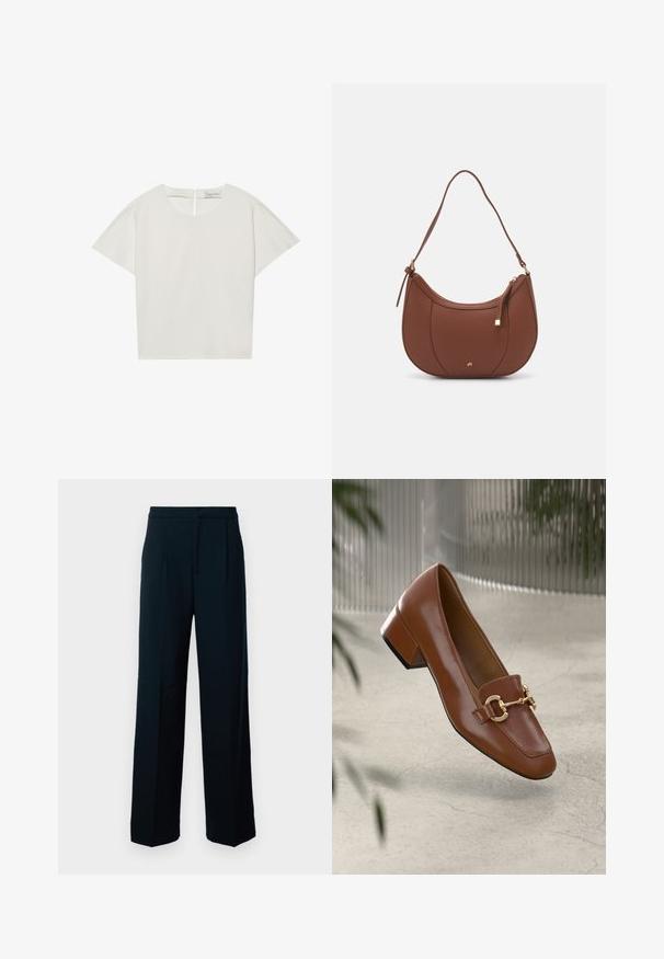 Korte ærmer, cremefarvet top med bådudskæring, der har en lynlås i ryggen og en let løs pasform. Stoffet har en glat, mat tekstur.; Sorte vide benbukser lavet af glat stof, med høj talje, frontfolder og et enkelt, minimalistisk design.; Brun patentlæder loafers med firkantet tå, metallisk kædeaccent og lav blokhæl; glat tekstur, minimalistisk design.; Brun faux læder skuldertaske med buet form, minimal syning og en guldtonet hardwaredetalje. Har en top lynlåslukning og justerbar rem.