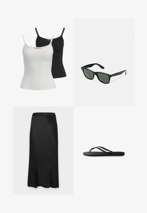Zwei grundlegende Tanktops in Schwarz und Weiß, aus einem glatten, dehnbaren Stoff. Mit dünnen Trägern und einem schlichten, taillierten Design.; Schwarzer, satinierter Midirock mit einem elastischen Bund. Glatte Textur und schlichtes Design, das am Saum leicht verjüngt ist für eine fließende Silhouette.; Schwarze Flip-Flops mit einer strukturierten Gummisohle, zwei schlanken Riemen und einem dezenten, geprägten Logo-Detail auf dem Riemen.; Schwarze Plastiksonnenbrille mit grünen Gläsern, quadratischen Rahmen, silbernem Akzent auf der Augenbraue und strukturierten Bügeln. Angegebene Marke auf dem inneren Bügel.; Kleine schwarze, glänzende Ledertasche mit Ziehbändern und kurzen Griffen vor einem hellgrauen Hintergrund.
