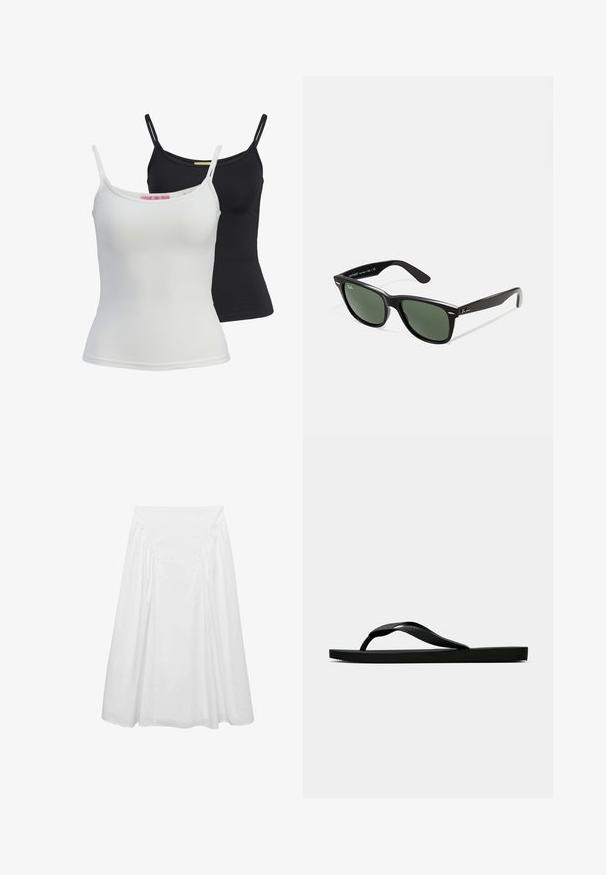 Dos camisetas sin mangas básicas en negro y blanco, hechas de una tela suave y elástica. Presentan tirantes finos y un diseño simple y ajustado.; Falda midi blanca de algodón, con una textura suave, detalles fruncidos en los lados y una cinturilla ajustada para una silueta fluida.; Chancla de goma negra con una tira de dedo texturizada y una suela plana sencilla, vista de lado sobre un fondo claro y liso.; Gafas de sol de plástico negro con lentes verdes, montura cuadrada, acento plateado en la ceja y brazos texturizados. Marca indicada en el brazo interno.; Pequeño bolso de piel negra brillante con cordón y asas cortas sobre un fondo gris claro.