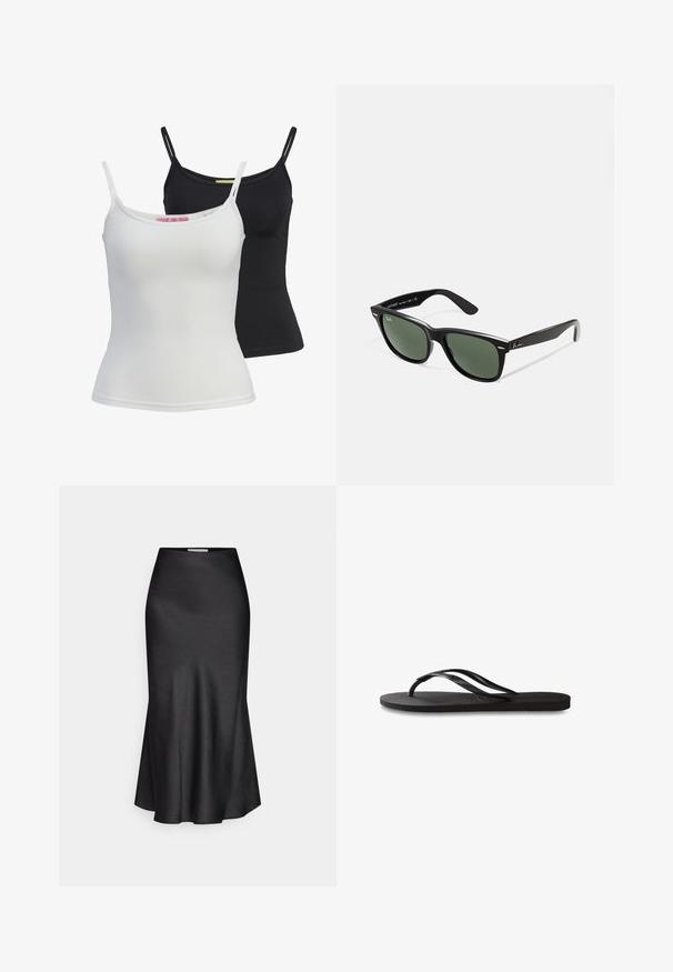 Twee basis tanktops in zwart en wit, gemaakt van een gladde, rekbare stof. Voorzien van dunne bandjes en een eenvoudig, getailleerd ontwerp.; DRYKORN NEVIDA - Maxirok - black; Zwarte flip-flop met een gestructureerde rubberen zool, twee slanke banden en een subtiele, ingedrukte logo-detail op de band.; Zwarte plastic zonnebril met groene lenzen, vierkante montuur, zilveren accent op de wenkbrauw en een gestructureerde tempel. Merken vermeld op de binnenkant van de arm.