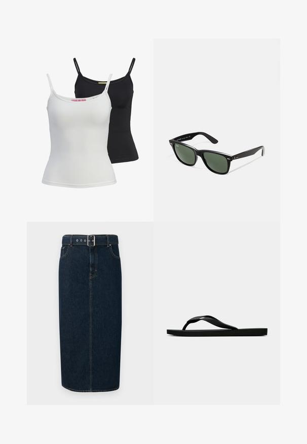 Twee basis tanktops in zwart en wit, gemaakt van een gladde, rekbare stof. Voorzien van dunne bandjes en een eenvoudig, getailleerd ontwerp.; Donkerblauwe denim midi-rok met een rechte snit, voorzien van een gespceintuur, zilveren hardware en contrasterende stiksels langs de naden.; Zwarte rubberen flip-flop sandaal met een getextureerde strap en een eenvoudige platte zool, zijaanzicht op een effen lichte achtergrond.; Zwarte plastic zonnebril met groene lenzen, vierkante montuur, zilveren accent op de wenkbrauw en een gestructureerde tempel. Merken vermeld op de binnenkant van de arm.