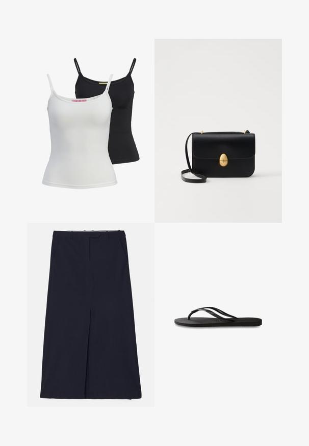 Du mieli baziniai rankovių marškiniai juodos ir baltos spalvų, pagaminti iš lygaus, elastingo audinio. Turi plonas petnešėles ir paprastą, prigludusį dizainą.; DESIGNERS REMIX SCOTT LONG SKIRT - Maksi sijonas - navy; Juodos šlepetės su tekstūruotu guminio pado, dviem siauromis dirželių ir subtiliu, įspaustu logotipo detalė ant dirželio.; Juodas odinis rankinukas su struktūrine stačiakampio forma. Yra auksinė ovali sagtis ir plona petneša. Glotni tekstūra.