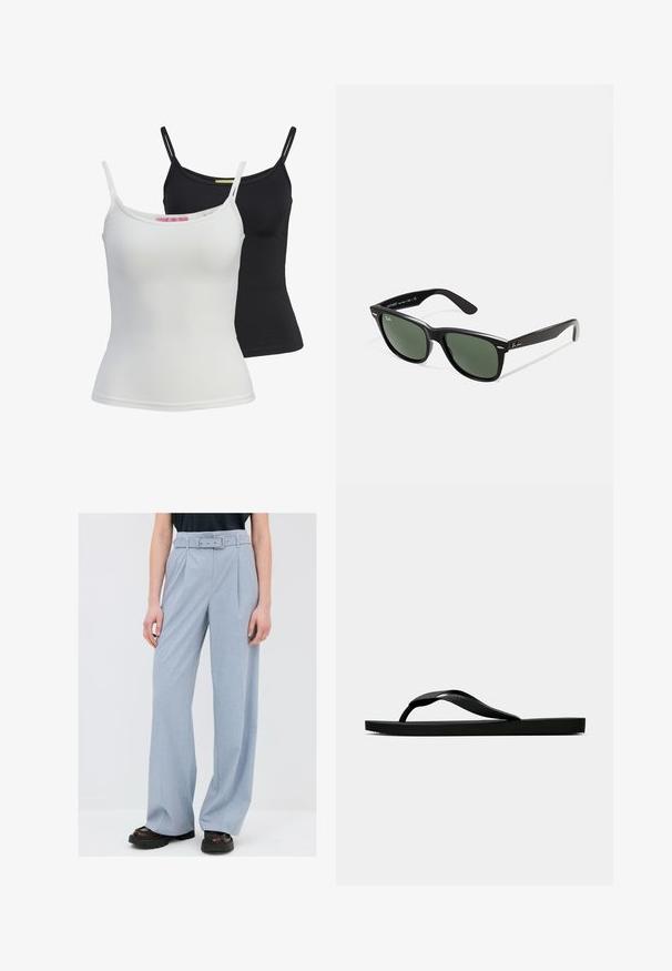 Kaksi perus toppia mustana ja valkoisena, valmistettu sileästä, joustavasta kankaasta. Ominaisuuksiin kuuluu ohuet hihnat ja yksinkertainen, istuva muotoilu.; Vaaleansiniset, leveät housut, joissa on vyötäröllä vyö, valmistettu teksturoidusta kankaasta. Ominaisuuksiin kuuluvat suorat taitteet ja rento istuvuus.; Musta kumisaapas sandaali, jossa on teksturoitu thong-hihna ja yksinkertainen litteä pohja, esitetty sivustolta vaalealla taustalla.; Mustat muoviset aurinkolasit, joissa on vihreät linssit, neliönmuotoiset kehykset, hopeinen yksityiskohta kulmakarvojen kohdalla sekä tekstuuriset temppeleiden varret. Brändi ilmoitettu sisävarsissa.