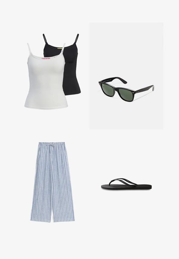 Due top basic in nero e bianco, realizzati in un tessuto liscio e elasticizzato. Presentano spalline sottili e un design semplice e aderente.; Pantaloni a righe blu e bianchi a gamba larga con cintura regolabile, realizzati in tessuto leggero, con righe verticali e una vestibilità rilassata.; Infradito neri con suola in gomma testurizzata, due cinghie sottili e un sottile dettaglio del logo impresso sulla cinghia.; Occhiali da sole in plastica nera con lenti verdi, montatura quadrata, dettaglio argento sulla parte superiore e steli con texture. Marchio indicato sulla parte interna dello stelo.