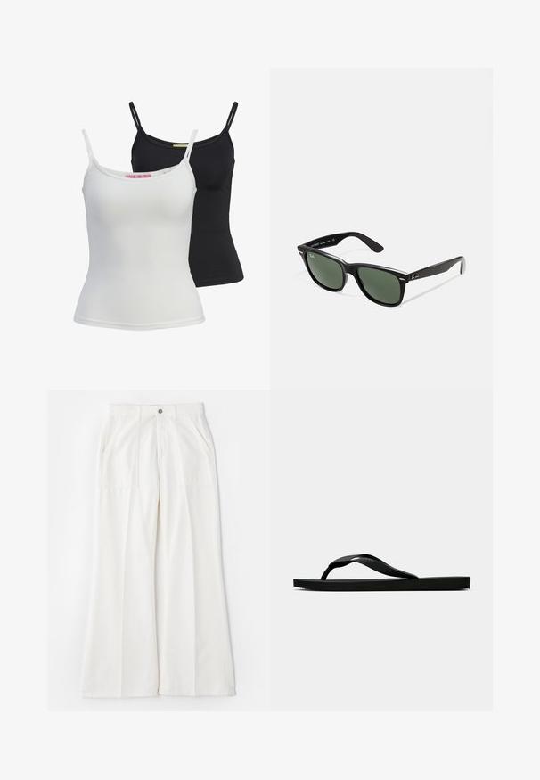 Dve základné tielka v čiernej a bielej farbe, vyrobené z hladkej elastickej látky. Majú tenké ramienka a jednoduchý, priliehavý strih.; Biele široké nohavice vyrobené z jemného materiálu, s prednými vreckami a jedným gombíkom na zapínanie, s čistým a minimalistickým dizajnom.; Čierne gumené žabky s textúrovaným popruhom a jednoduchou plochou podrážkou, zobrazené z boku na jednofarebnom svetlom pozadí.; Čierne plastové slnečné okuliare so zelenými šošovkami, štvorcové rámy, strieborný akcent na obočí a textúrované ramenné opierky. Brand uvedený na vnútornej strane ramien.