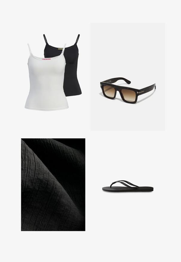 Twee basis tanktops in zwart en wit, gemaakt van een gladde, rekbare stof. Voorzien van dunne bandjes en een eenvoudig, getailleerd ontwerp.; Gestructureerde zwarte stof met een subtiel ribbelpatroon, licht reflecterend, met plooien die de diepte en tactiele kwaliteit benadrukken.; Zwarte flip-flop met een gestructureerde rubberen zool, twee slanke banden en een subtiele, ingedrukte logo-detail op de band.;  Schildpad zonnebril met een vierkant frame, een verloop van bruine lenzen en subtiele gouden hardwareaccenten op de slapen.; Bruine suede tote bag met twee zachte handvatten, een verticale band met een zilveren accent en een brede, open bovenkant. Gladde textuur, minimalistisch ontwerp.