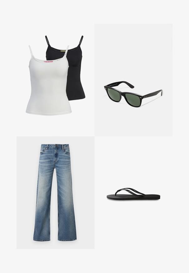 Divi pamata tanki melnā un baltā krāsā, izgatavoti no gluda, stiepjama auduma. Iekļauj plānas siksnas un vienkāršu, pieguļošu dizainu.; Gaiši zili, plats kājas džinsi, izgatavoti no denima. Ir klasiskā piecu kabatu dizains, redzamā šuvuma un nolietota apdare papildu raksturam.; Melni čības ar teksturētu gumijas zoli, divām plānām siksniņām un smalku, iespiedotu logotipa detaļu uz siksniņas.; Melnas plastmasas saulesbrilles ar zaļiem lēciem, kvadrātveida rāmjiem, sudrabainu akcentu uz uzacīm un teksturētām tempļu kājām. Zīmols norādīts uz iekšējās kājas.