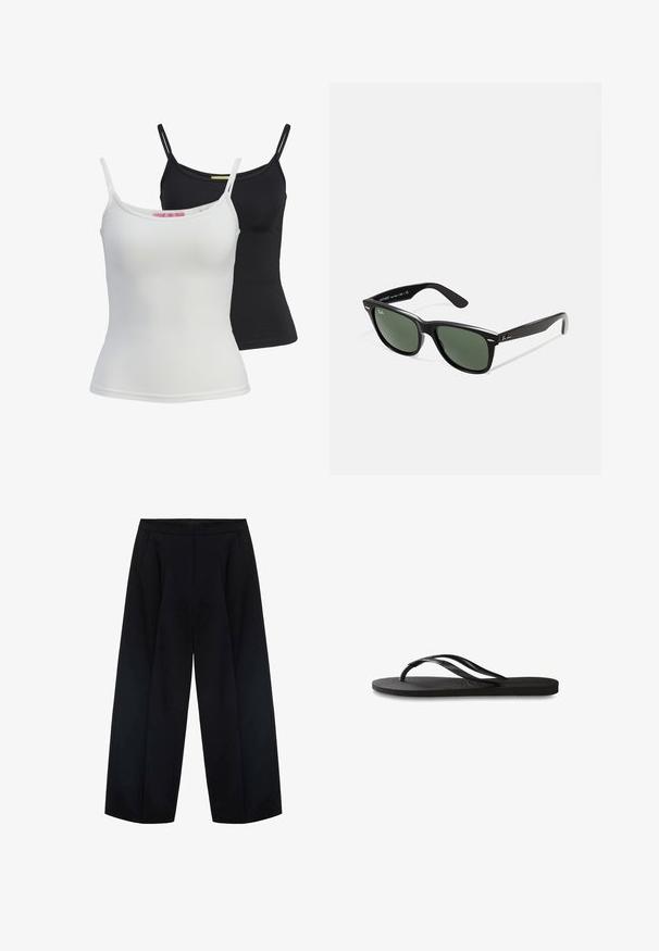 Dwie podstawowe topy na ramiączkach w kolorze czarnym i białym, wykonane z gładkiego, elastycznego materiału. Posiadają cienkie ramiączka oraz prosty, dopasowany krój.; Czarne spodnie o szerokich nogawkach wykonane z tkaniny tkanej, z wysokim stanem i dwoma przednimi kieszeniami. Gładka tekstura i czyste linie.; Czarne klapki z teksturowaną gumową podeszwą, dwiema smukłymi paskami oraz subtelnym, wytłoczonym logo na pasku.; Czarne plastikowe okulary przeciwsłoneczne z zielonymi szkłami, kwadratowe oprawki, srebrny akcent na brwi oraz fakturowane ramiona temple. Nazwa marki podana na wewnętrznej stronie ramion.