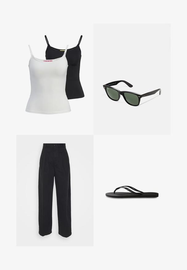 Två basala linnen i svart och vitt, tillverkade av ett mjukt, stretchigt material. Har tunna axelband och en enkel, figurnära design.; Svarta vida byxor i bomull med en mjuk textur, med en framknäppning och två sidofickor.; Svart flip-flop med en texturerad gummisula, två slanka remmar och en subtil, präglad logodetalj på remmen.; Svarta plastsolglasögon med gröna linser, fyrkantiga bågar, silverdetalj på ögonbrynet och texturerade skalmar. Angiven märkning på den inre skalmen.; Liten svart, glänsande läderpåse med dragsnöre och korta handtag på en ljusgrå bakgrund.