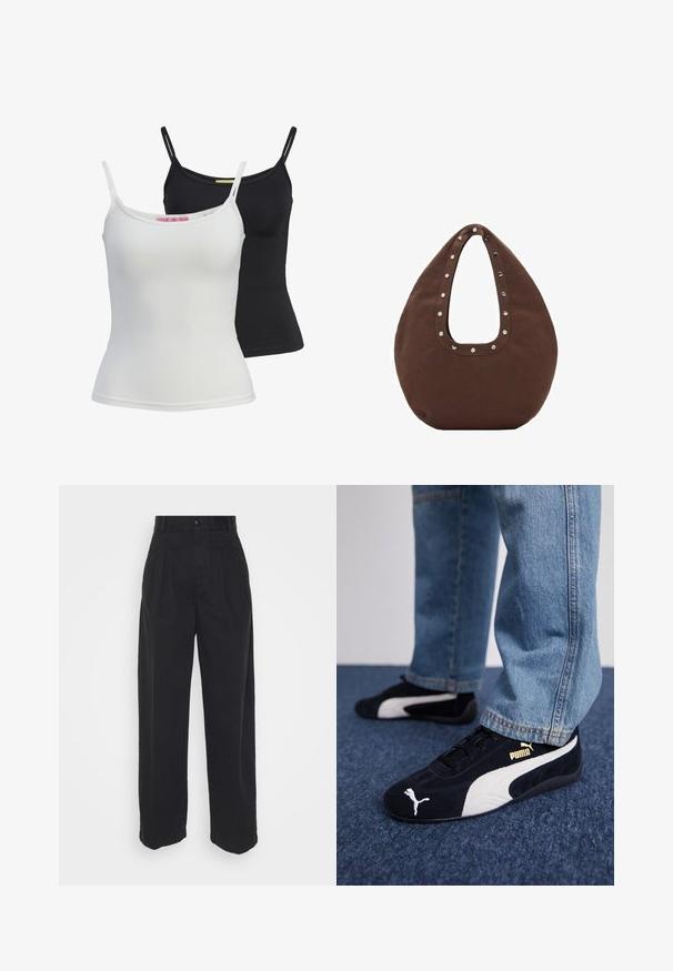 Due top basic in nero e bianco, realizzati in un tessuto liscio e elasticizzato. Presentano spalline sottili e un design semplice e aderente.; Pantaloni neri a gamba larga in cotone con una texture morbida, dotati di chiusura frontale con bottone e due tasche laterali.; Sneaker in suede nera con dettagli bianchi, dotate di un logo dorato. Indossate con jeans di denim azzurro e posizionate su una superficie blu testurizzata.; Borsa tote marrone con una forma curva, caratterizzata da un grande manico a forma di taglio decorato con borchie argentate lungo il bordo. Realizzata in tessuto morbido.