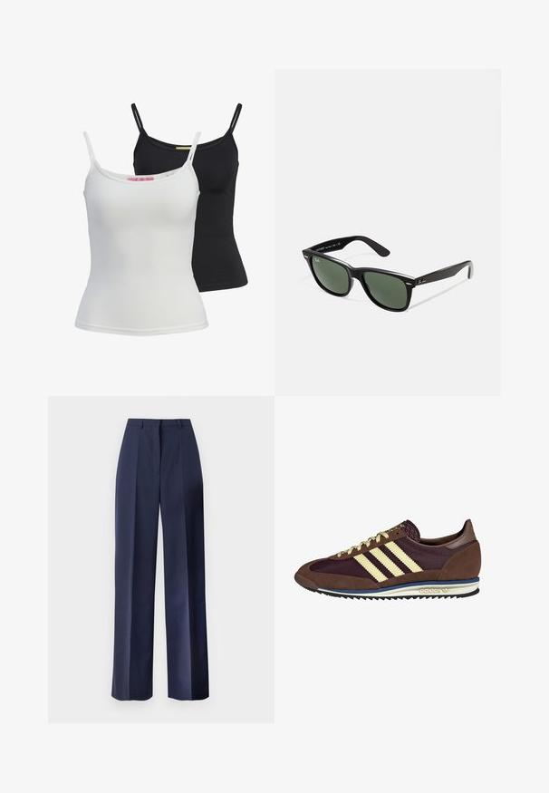 Du mieli baziniai rankovių marškiniai juodos ir baltos spalvų, pagaminti iš lygaus, elastingo audinio. Turi plonas petnešėles ir paprastą, prigludusį dizainą.; Tamsiai mėlyni aukšto juosmens kelnių su plačiu kojų dizainu, su ryškiomis raukšlėmis ir lygiu tekstūru, tinkami tiek oficialiam, tiek kasdieniam dėvėjimui.; Rudi ir burgundiški sportbačiai, pagaminti iš suedės ir tinklinės medžiagos, su trimis grietinėlės spalvos juostelėmis, tekstūruota medžiaga ant liežuvėlio ir guminis padas.; Juodi plastikiniai saulės akiniai su žaliais objektyvais, kvadratiniais rėmeliais, sidabriniu akcentu ant antakio ir tekstūruotais šventyklų šakutėmis. Vidinėje šakutėje nurodyta prekės ženklo pavadinimas.