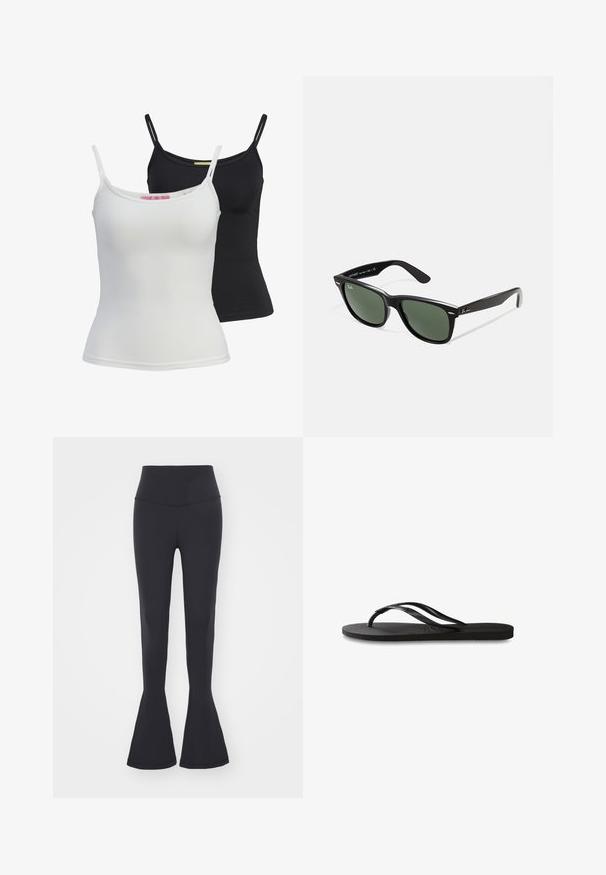 Divi pamata tanki melnā un baltā krāsā, izgatavoti no gluda, stiepjama auduma. Iekļauj plānas siksnas un vienkāršu, pieguļošu dizainu.; Melnas flared leggingus ar augsto jostu, izgatavoti no elastīga materiāla. Gluda tekstūra ar pieguļošu siluetu un izplešotu apakšējo malu.; Melni čības ar teksturētu gumijas zoli, divām plānām siksniņām un smalku, iespiedotu logotipa detaļu uz siksniņas.; Melnas plastmasas saulesbrilles ar zaļiem lēciem, kvadrātveida rāmjiem, sudrabainu akcentu uz uzacīm un teksturētām tempļu kājām. Zīmols norādīts uz iekšējās kājas.; Maza melna spīdīga ādas maisiņš ar saites striķi un īsām rokturēm uz gaiši pelēka fona.