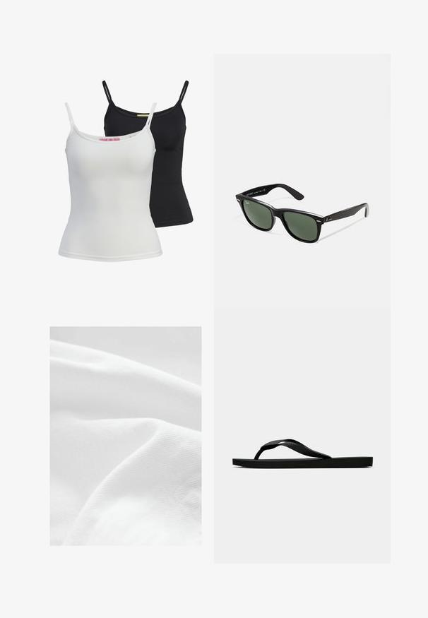 Két alap tank top fekete és fehér színben, sima, rugalmas anyagból készült. Vékony pántokkal és egyszerű, testhezálló kialakítással rendelkezik.; Fehér pamut szövet sima, enyhén texturált felülettel, melyen lágy redők és gyűrődések láthatók. A fény finoman tükröződik a szöveten.; Fekete gumipapucs, textúrált pánttal és egyszerű lapos talppal, oldalnézetből, világos háttér előtt.; Fekete műanyag napszemüveg zöld lencsékkel, négyzet alakú kerettel, ezüst díszítéssel a keret felső részén, valamint texturált szárakkal. A márka neve a belső száron található.