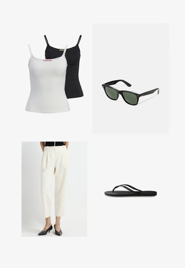Zwei grundlegende Tanktops in Schwarz und Weiß, aus einem glatten, dehnbaren Stoff. Mit dünnen Trägern und einem schlichten, taillierten Design.; Cremefarbene hochgeschnittene Hosen mit Falten, schmal zulaufenden Beinen und seitlichen Taschen, kombiniert mit schwarzen Schuhen mit niedrigem Absatz. Angenehme Textur.; Schwarze Flip-Flops mit einer strukturierten Gummisohle, zwei schlanken Riemen und einem dezenten, geprägten Logo-Detail auf dem Riemen.; Schwarze Plastiksonnenbrille mit grünen Gläsern, quadratischen Rahmen, silbernem Akzent auf der Augenbraue und strukturierten Bügeln. Angegebene Marke auf dem inneren Bügel.; Kleine schwarze, glänzende Ledertasche mit Ziehbändern und kurzen Griffen vor einem hellgrauen Hintergrund.
