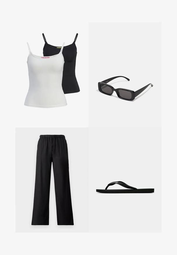 Twee basis tanktops in zwart en wit, gemaakt van een gladde, rekbare stof. Voorzien van dunne bandjes en een eenvoudig, getailleerd ontwerp.; Zwarte wijde pantalons gemaakt van lichtgewicht stof, met een elastische tailleband en een trekkoord, en een soepele textuur.; Zwarte rubberen flip-flop sandaal met een getextureerde strap en een eenvoudige platte zool, zijaanzicht op een effen lichte achtergrond.; Zwarte rechthoekige zonnebril met donkere lenzen, glanzende afwerking, brede pootjes en een robuust frameontwerp. Gegraveerde merknaam op één van de pootjes.
