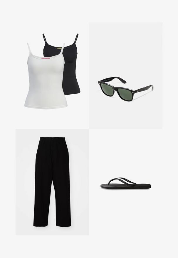 To enkle tanktoppe i sort og hvid, lavet af et glat, strækbart stof. De har tynde stropper og et enkelt, tætsiddende design.; Sorte bukser lavet af slidstærk bomuldsstof. Har en lige ben-design, bælteløkker, knaplukning og en ren kant.; Sorte flip-flop med en tekstureret gummisål, to slanke stropper og et subtilt, præget logodetalje på stroppen.; Sorte plastiksolkaber med grønne linser, firkantede stel, sølvaccent på brynene og teksturerede templede arme. Angivet mærke på den indre arm.