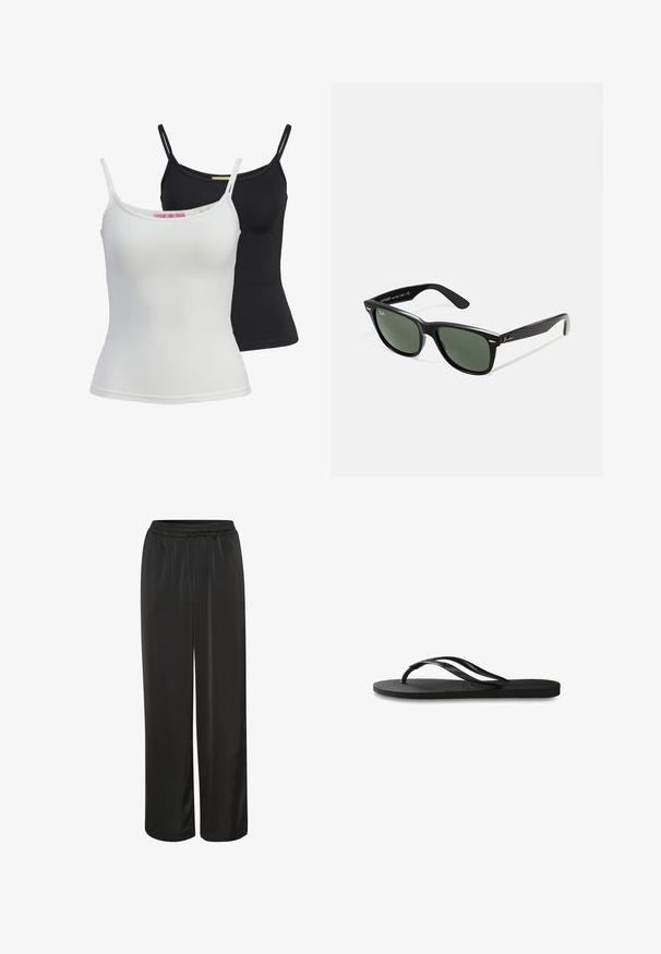 To grunnleggende tank-topper i svart og hvit, laget av et glatt, elastisk stoff. Har tynne stropper og et enkelt, tettsittende design.; Sorte satinpant som har en vid benform, elastisk liv og en jevn tekstur. De er ankellange uten ekstra utsmykkinger.; Svart flip-flop med teksturert gummisåle, to slanke stropper og en subtil, preget logo på stroppen.; Sorte plast-solbriller med grønne linser, firkantede rammer, sølvdetalje på brynene, og teksturerte stangarmen. Angitt merke på indre arm.