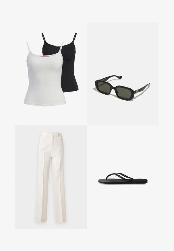 Dos camisetas sin mangas básicas en negro y blanco, hechas de una tela suave y elástica. Presentan tirantes finos y un diseño simple y ajustado.; Pantalones blancos de pierna ancha con una textura suave, que presentan pliegues frontales y una cinturilla clásica, diseñados para un aspecto pulido.; Chanclas negras con suela de goma texturizada, dos tiras delgadas y un sutil detalle de logo en relieve en la tira.; Gafas de sol rectangulares negras con lentes verdes sólidos, con un acabado brillante y un acento de logotipo dorado en el lateral.; Bolso de mano de cuero negro con forma rectangular estructurada. Presenta un cierre ovalado dorado y una delgada correa para el hombro. Textura suave.