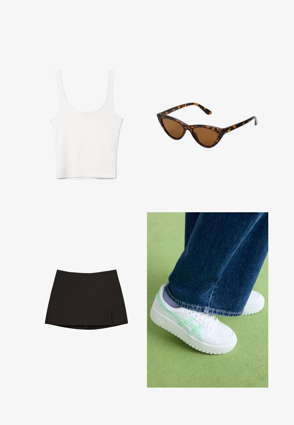 Top in cotone bianco senza maniche, con scollatura ampia e linea aderente. Tessuto liscio, design semplice e dettagli di cucitura minimi.; Minigonna nera in tessuto liscio, con design dritto, spacchi laterali e orlo pulito. Semplice e versatile.; Sneakers bianchi con accenti verde menta, tomaia in pelle liscia, punta perforata, suola spessa, indossati con jeans in denim blu, su una superficie verde.; Occhiali da sole cat-eye con una montatura tartarugata nera e arancione, lenti marroni e punte affusolate e eleganti. Presentano un logo minimale sulla asta.