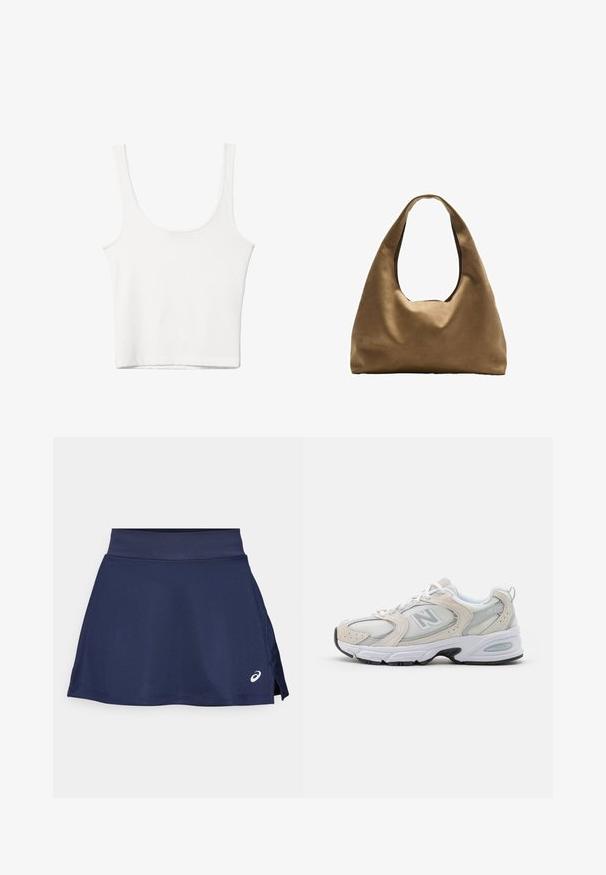 Bílý bavlněný top bez rukávů s kulatým výstřihem a přiléhavým střihem. Hladká textilie, jednoduchý design a minimální švy.; Sportovní sukně ve tmavě modré barvě s hladkou texturou. Má široký pas, rozšířený lem a logo na spodní pravé straně.; Atletická obuv s lehkým šedým síťovaným svrškem s semišovými akcenty, bílými tkaničkami a černou gumovou podrážkou. Výrazným detailem je tlumení ABZORB.; Hnědá textilní taška přes rameno s širokým, zaobleným tvarem a velkým výřezem na rukojeť. Měkká textura, minimalistický design a žádné viditelné kovové prvky.
