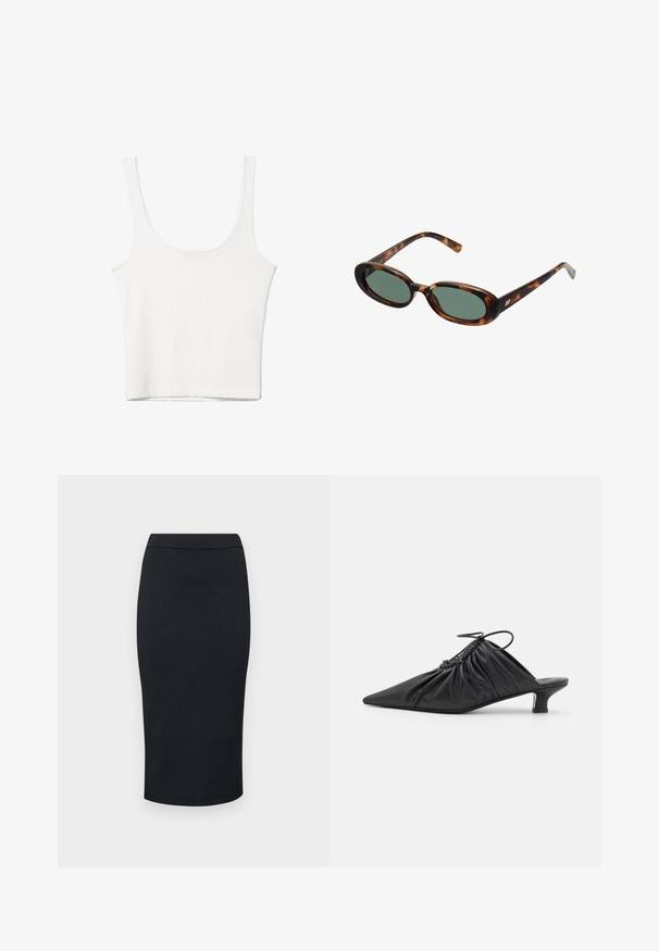 Bílý bavlněný top bez rukávů s kulatým výstřihem a přiléhavým střihem. Hladká textilie, jednoduchý design a minimální švy.; Armani Exchange GONNA - Pouzdrová sukně - black; Černé kožené slip-on mule s špičatou špicí, shromážděnou texturou a malým podpatkem. Vlastnosti zahrnují stahovací detail na otvoru.; Sluneční brýle ve hmotě želvoviny s oválnými obroučkami a zelenými čočkami. Mají tenké stranice s metalickým akcentem u závěsů.