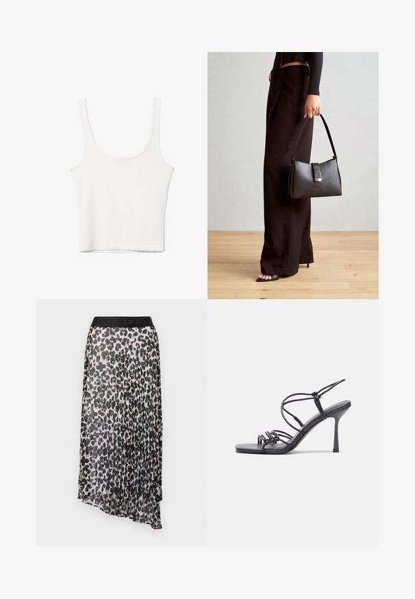 Bijela pamučna majica bez rukava s izrezom u obliku slova U, tijesnog kroja. Glatka tekstura, jednostavan dizajn i minimalni detalji šivanja.; Duža plisirana suknja s crno-bež leopard printom, koja ima crni elastični pojas s DKNY logotipom. Lagani, polu-prozirni materijal.; Crne sandale na visokoj potpetici imaju tanke trake s čvorastim dizajnom, glatki kvadratni vrh i elegantnu stiletto petu.; Crna torba s oblikom koji sadrži strukturu, glađu teksturu i metalnu kopču. Uparena s širokim crnim hlačama i sandalama na otvorenom s drvenog poda.; Srebrne naušnice u obliku obruča sa glatkom, sjajnom površinom, zakrivljenog oblika i zatvaranjem na čep. Minimalistički dizajn s modernim završetkom.