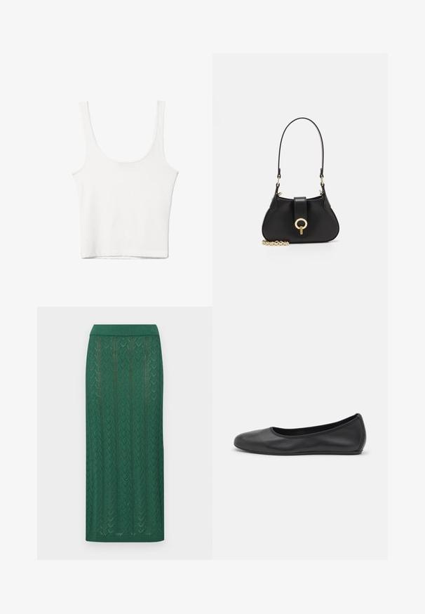 Hvid bomulds tanktop med en rundet halsudskæring, uden ærmer og en tætsiddende pasform. Glat tekstur, ensartet design og minimale syninger.; Strikket grøn nederdel med et herringbone-mønster, bred talje og en mellemlang længde med en struktureret overflade.; Sort læderballetsko med rund tå, glat tekstur, minimal syning og et fleksibelt såldesign.; sandro JANET - Håndtasker - noir