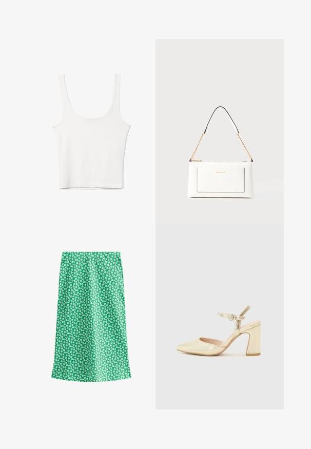 Vit bomullstopp med rundad halsringning, utan ärmar och en åtsittande form. Slät textur, enkel design och minimala sömnadsdetaljer.; Grön klänning med blommönster i en lätt textur. Har små vita blommor på en enfärgad bakgrund, designad i en rak silhuett.; Guldmetalliska klackskor med spetsig tå, ankelrem med ett runt spänne och design med tjock klack. Slen yta.; Vit läderhandväska med texturerad yta, med guldkedjeslinga och svarta accenter. Inkluderar en framsida ficka och dragkedjestängning.
