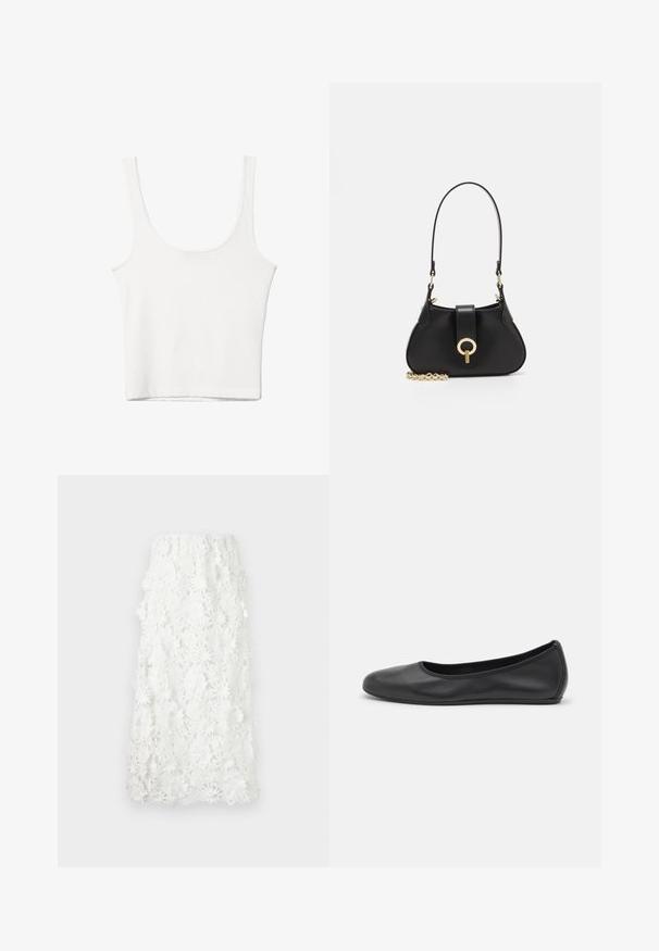Bílý bavlněný top bez rukávů s kulatým výstřihem a přiléhavým střihem. Hladká textilie, jednoduchý design a minimální švy.; Bílá sukně po kotníky z jemné květinové krajky s vlnitým lemem. Elastický pas pro pohodlné nošení. Texturovaný, delikátní vzor.; Černé kožené baletní byty s kulatou špičkou, hladkou texturou, minimálními švy a flexibilním designem podrážky.; sandro JANET - Kabelka - noir