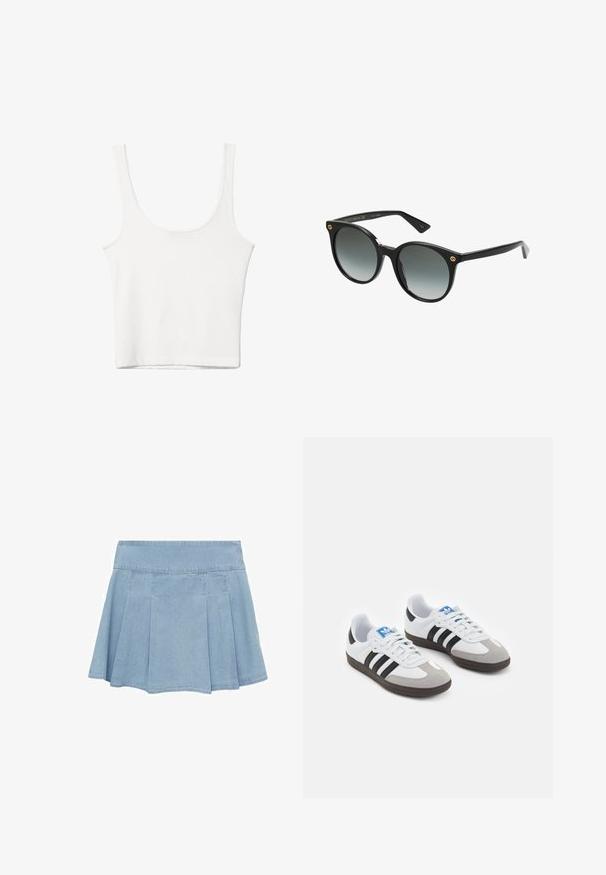 Witte katoenen tanktop met een ronde halslijn, zonder mouwen en een getailleerde vorm. Soepele textuur, eenvoudig ontwerp en minimale stikdetails.; Lichtblauwe denim plissé rok met een brede tailleband, tot op de knie, en gestikte details op een witte achtergrond.; Sportschoenen met een witte leren bovenkant, grijze suède neus en drie zwarte strepen. Bevat een blauw logo op de tong en een gestructureerde rubberen zool.; Zwarte oversized zonnebril met gradient lenzen. Plastic montuur met ronde vorm. Gouden logo accent aan de zijkant. Gladde afwerking.; Zwarte geweven tas met twee handvatten, met een gestructureerd oppervlak en een rechthoekige vorm. Eenvoudig, uniek ontwerp zonder zichtbare bevestigingsmiddelen.