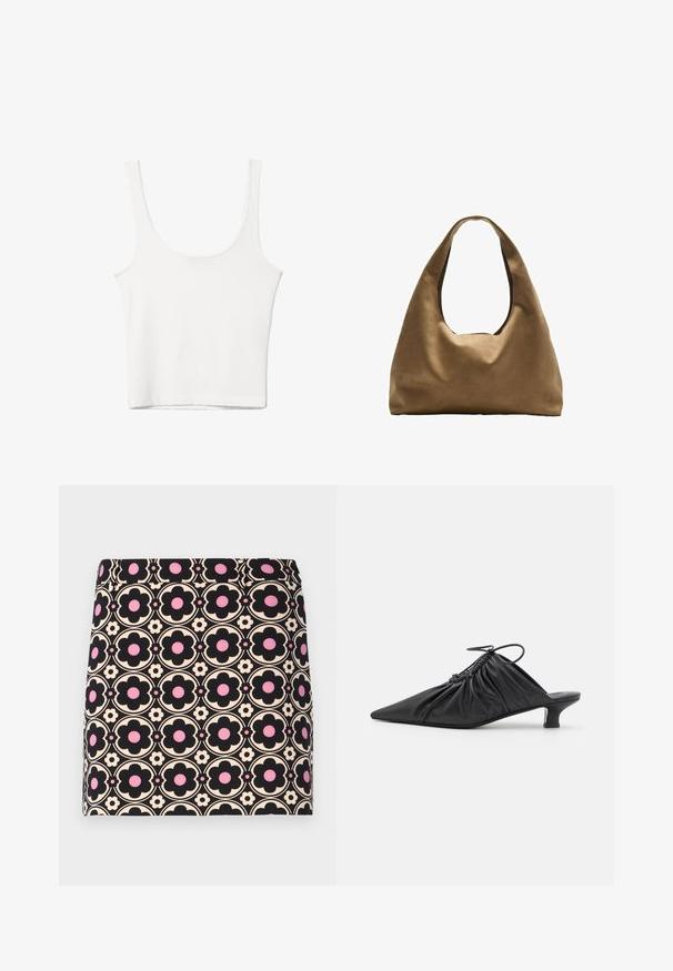 Top in cotone bianco senza maniche, con scollatura ampia e linea aderente. Tessuto liscio, design semplice e dettagli di cucitura minimi.; Gonna mini nera con un motivo floreale ripetitivo in nero, rosa e crema. Tessuto morbido con un design aderente e cintura elastica.; Mule in pelle nera senza chiusura con punta appuntita, texture raccolta e un piccolo tacco gattino. Presenta un dettaglio con cordoncino all'apertura.; Borsa a spalla in tessuto marrone con un corpo ampio e arrotondato e una grande maniglia a taglio. Texture morbida, design minimalista e senza hardware visibile.