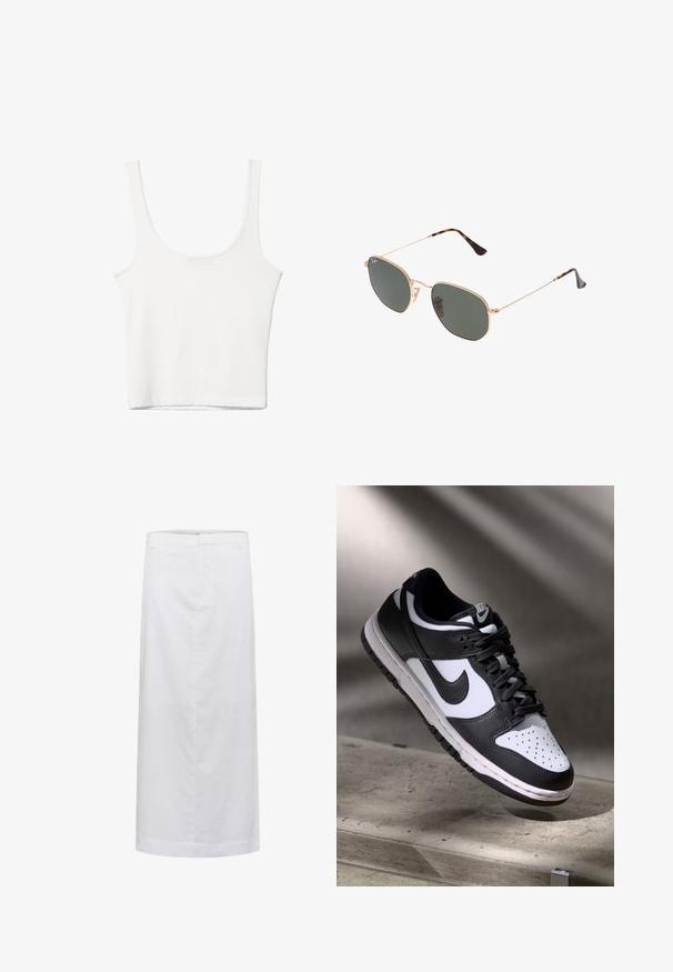 Biały bawełniany top na ramiączkach z okrągłym dekoltem, bez rękawów, o dopasowanym kroju. Gładka tekstura, prosty fason i minimalne detale szwowe.; Biała lniana spódnica midi o prostym kroju, z gładką fakturą, minimalną ilością szwów i paskiem w talii dla dopasowanego fasonu.; Czarno-białe sneakersy Nike Dunk Low z cholewką skórzaną, perforowanym noskiem i czarnymi sznurowadłami, z białą podeszwą i akcentami logo.; Złote okulary przeciwsłoneczne w stylu aviatora z ciemnozielonymi soczewkami, z wąskimi ramionami i akcentami w panterkę na końcach.; Biała skórzana torebka z złotymi okuciami, wyposażona w klapę zamykającą oraz odpinany, regulowany pasek. Okrągły metalowy element ozdobny na środku.