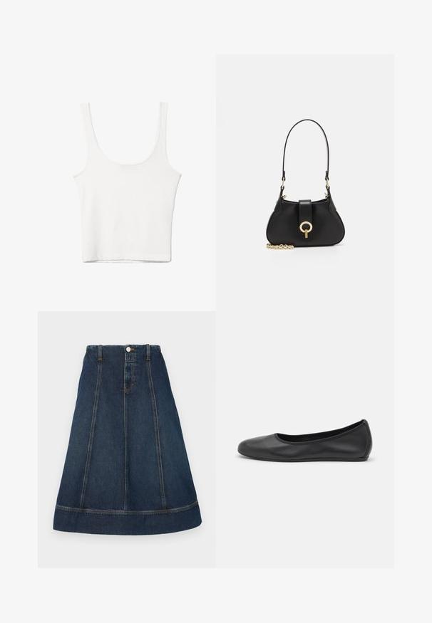 Bílý bavlněný top bez rukávů s kulatým výstřihem a přiléhavým střihem. Hladká textilie, jednoduchý design a minimální švy.; Džínová áčková sukně v tmavě modré barvě, s zapínáním na knoflík, pěti poutky na opasek a kontrastním prošíváním. Délka ke kolenům s olemovaným lemem.; Černé kožené baletní byty s kulatou špičkou, hladkou texturou, minimálními švy a flexibilním designem podrážky.; sandro JANET - Kabelka - noir