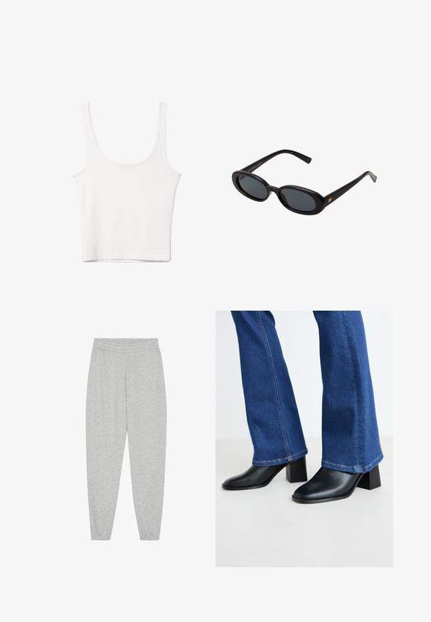 Biały bawełniany top na ramiączkach z okrągłym dekoltem, bez rękawów, o dopasowanym kroju. Gładka tekstura, prosty fason i minimalne detale szwowe.; Jasnoszare dresy wykonane z miękkiej mieszanki bawełny, z elastycznym paskiem w talii, cienkimi ściągaczami przy kostkach oraz bez widocznych kieszeni czy wzorów.; Czarne skórzane buty za kostkę z kwadratowym noskiem i słupkowym obcasem, zestawione z niebieskimi dżinsowymi spodniami w stylu dzwonów z kontrastowym szwem na dole.; Czarne, oversize okulary przeciwsłoneczne z owalnymi soczewkami, gładkim plastikowym mostkiem i złotymi akcentami na zausznikach. Ciemne soczewki zapewniają ochronę przed słońcem.