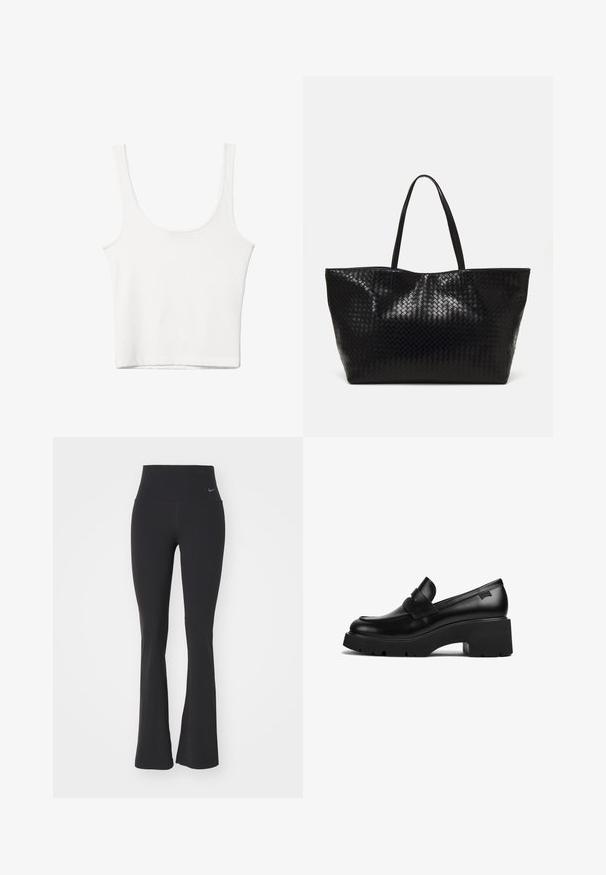 Bijela pamučna majica bez rukava s izrezom u obliku slova U, tijesnog kroja. Glatka tekstura, jednostavan dizajn i minimalni detalji šivanja.; Crne tajice za jogu s visokim strukom, izrađene od rastezljive tkanine. Imaju široki kroj i mali Nike logo na struku.; Crna kožna loaferica s debelim potplatom i chunky petom, s trakom preko gornjeg dijela, prikazana sa strane na bijeloj pozadini.; Crna tkana torba s dva čvrsta držača, s sjajnom teksturom i prostornim dizajnom bez zatvaranja.