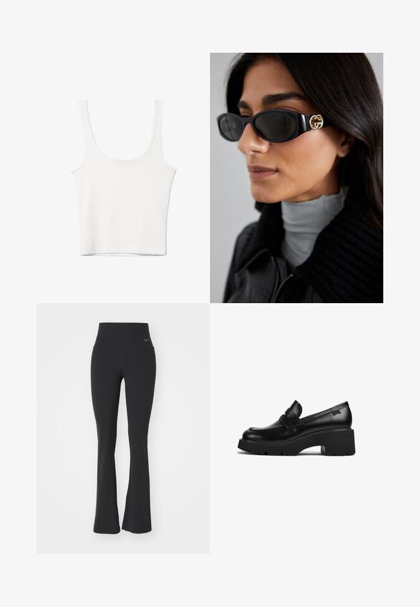 Hvid bomulds tanktop med en rundet halsudskæring, uden ærmer og en tætsiddende pasform. Glat tekstur, ensartet design og minimale syninger.; Sorte yogabukser med høj talje, lavet af strækbart stof. Har en flagrende design og et lille Nike-logo ved taljen.; Sorte læder loafers med chunky hæl, tyk sål og en remdetalje henover, vist fra siden på en hvid baggrund.; Sorte solbriller med en strømlinet rektangulær ramme og en guld logoaccent på siden. Mørke linser og blank overflade er fremtrædende.