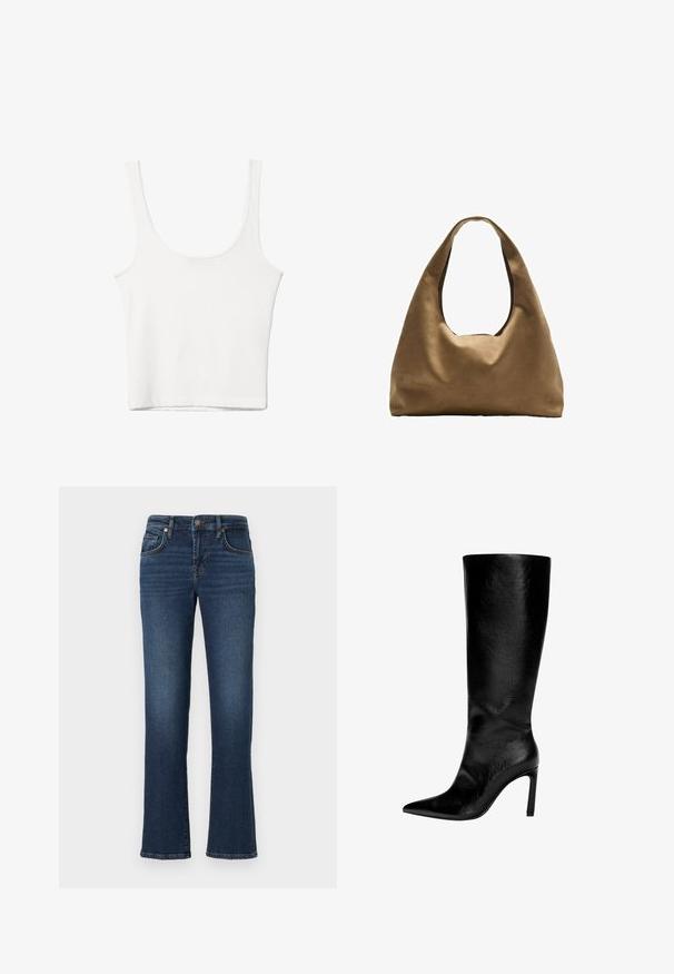 Vit bomullstopp med rundad halsringning, utan ärmar och en åtsittande form. Slät textur, enkel design och minimala sömnadsdetaljer.; Mörkblå denimjeans med rak benklippning, med framfickor, dragkedja och subtil blekning längs låren.; Knähöga svarta läderstövel med spetsig tå, hög stilettklack, slät yta och en enkel, strömlinjeformad design utan utsmyckningar.; Brun tygaxelväska med en bred, rundad kropp och ett stort utskärningshandtag. Mjukt material, minimalistisk design och ingen synlig hårdvara.