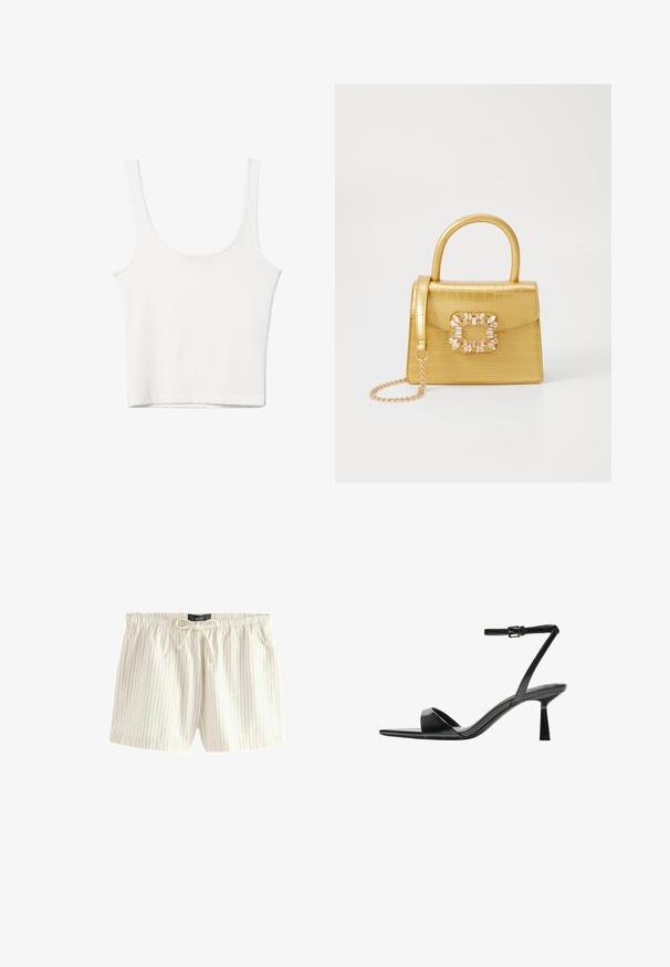 Débardeur en coton blanc avec un décolleté arrondi, sans manches et ajusté. Texture lisse, design uni et détails de couture minimaux.; Shorts clairs en crème avec des rayures verticales bleues, en tissu doux, dotés d'une taille élastique avec cordon de serrage et de poches latérales.; Bershka Sandales à talons hauts - black; Sac à main en faux crocodile jaune avec un design structuré, une poignée supérieure, une bandoulière en chaîne amovible, et un ornement cristallin décoratif sur le fermoir.