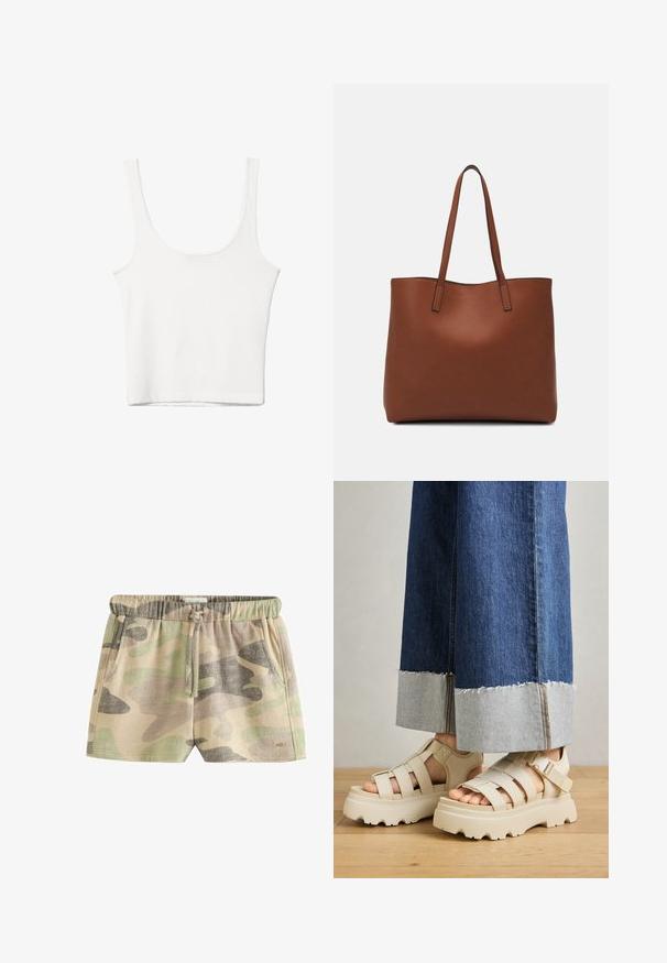 Débardeur en coton blanc avec un décolleté arrondi, sans manches et ajusté. Texture lisse, design uni et détails de couture minimaux.; Shorts courts à motif camouflage en tons beige, vert et gris ; dotés d'une taille élastique avec cordon de serrage et poches latérales. Tissu texturé.; Des sandales à plateforme beiges avec de épais semelles présentent un design à lanières et des sangles de cheville réglables. Portées avec un pantalon en denim à jambes larges, un ourlet est effiloché.; Sac fourre-tout en cuir marron avec une texture lisse, design à ouverture supérieure et deux poignées pour le porter à l'épaule. Présente des coutures minimales et aucun matériel visible.