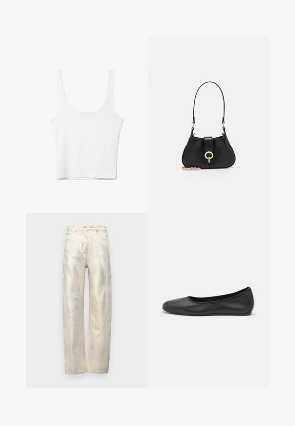 White cotton tank top with a scooped neckline, no sleeves, and a fitted shape. Smooth texture, plain design, and minimal stitching details.; Light beige wide-leg jeans with a metallic sheen, crafted from denim with a smooth texture and standard five-pocket design.; Black leather ballet flat with a rounded toe, smooth texture, minimal stitching detail, and a flexible sole design.; sandro JANET - Handbag - noir