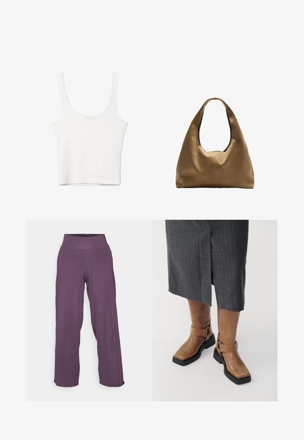 Weißes Baumwoll-Top mit Rundhalsausschnitt, ohne Ärmel und figurbetontem Schnitt. Glatte Textur, schlichtes Design und minimale Nähdetails.; Yogasearcher RAVANA FLOWY PANTS - Jogginghose - topaze; Braune Lederknief boots mit quadratischer Spitze, schwarzem Gummisohle und verstellbarem Riemen mit Schnalle. Tragen mit einem grauen Nadelstreifenrock.; Braune Stoffschultertasche mit einem breiten, runden Körper und einem großen Ausschnittgriff. Sanfte Textur, minimalistisches Design und keine sichtbaren Beschläge.